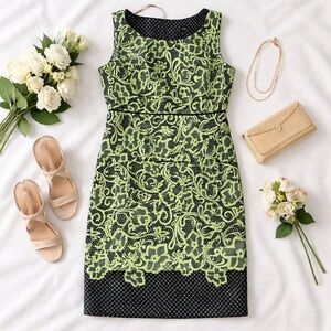 Dana Kay Green & Black Floral Scroll Sheath Dress 14W Plus Size Sleeveless